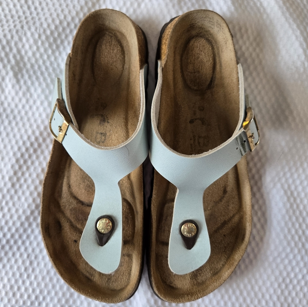 Birkenstock Light Blue Thong Sandals with Gold Buckles
